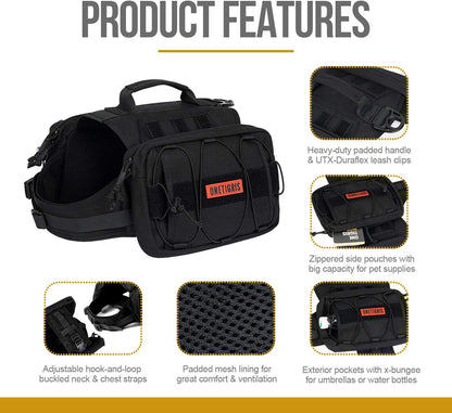 Dog Backpack for Medium & Large Dogs, Nylon Backpack for Dogs Tactical Pet Backpack with Side Pockets for Hiking Walking Training Running (Black, Large)
