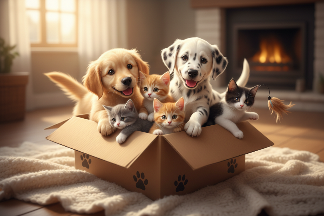 box of puppies and kittens happy